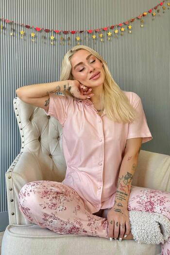Pijamaevi Mercan Florado Exclusive Front Buttoned Short Sleeve Women's Pajamas Set