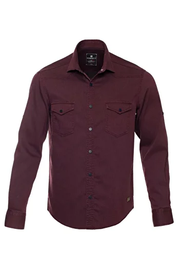 marufshop Men's Large Size 118-191 Long Sleeve Denim Shirt Suitable for Weight Interval Burgundy
