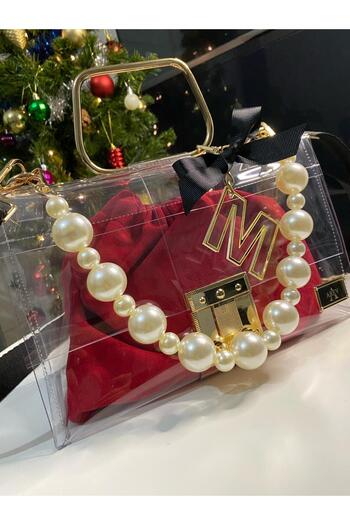 AREV BAGS Red Transparent Bag with Pearl Strap