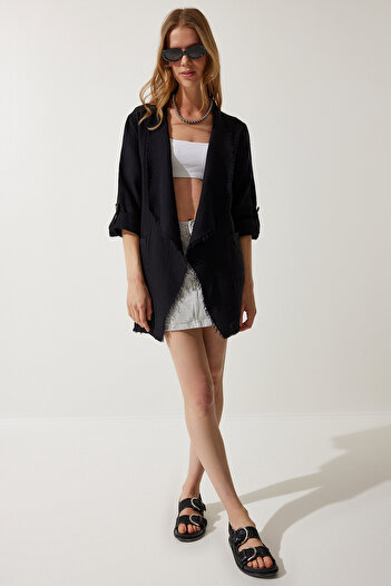 Happiness İstanbul Women's Black Fringe Detailed Asymmetrical Muslin Jacket SA00020