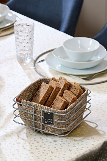 Edora Home Silver Stainless Oval Square Bread Basket Macrame - Multi-Purpose Metal