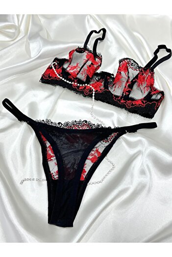 Clara Butik Red Floral Embroidery Embroidered Patterned Lace Underwire Bra Black Underwear Set