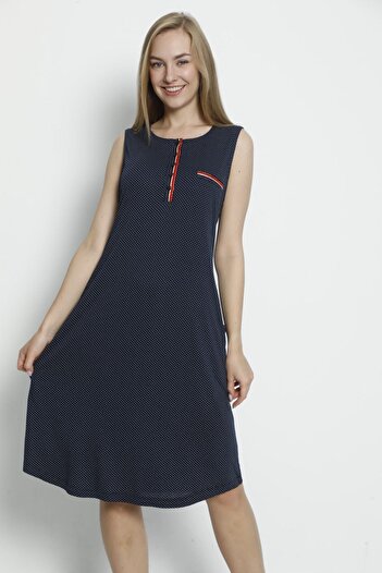 İntensive Navy Blue Polka Dot Piping Detailed Buttoned Pocket Women's Cotton Strap Dress