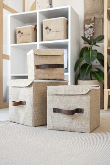 Art Bee Set of 3 Jute In-Cabinet Organizer Jewelry, Makeup, Bathroom, Office Organizer Storage Box with Lid