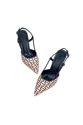 bescobel Women's Yurban Black Thin Heel Textile Sandals 8 cm 2101