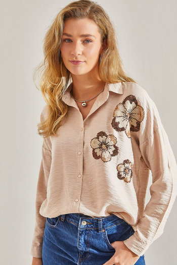 Bianco Lucci Modest Women's Sequin Embroidered Linen Ayrobin Shirt60181027