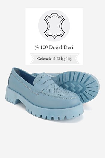 TUNAELLİ KADIN MAVİ HAKİKİ DOĞAL DERİ 36-41 NUMARA LOAFER AYAKKABI