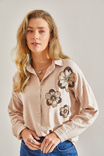 Bianco Lucci Modest Women's Sequin Embroidered Linen Ayrobin Shirt60181027