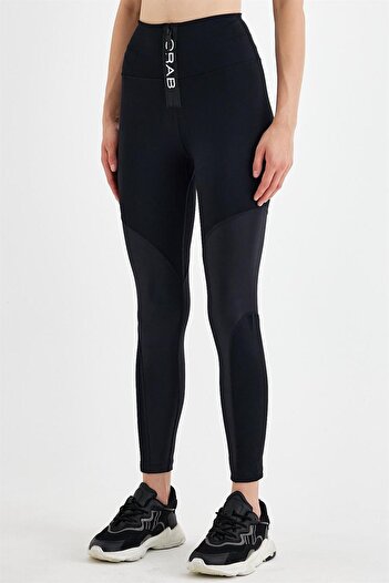 GRAB Women's Black Shiny Garnished Zippered Sports Tights