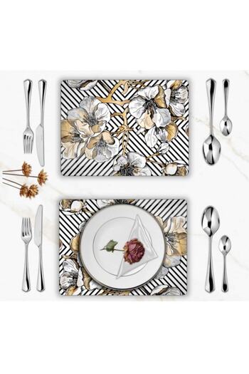 krmnyatırım Special Design Glass Printed Gold Flowers Plates Set 6 Pieces