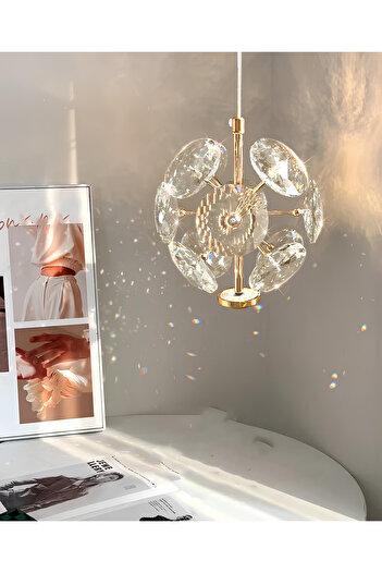 burenze Luxury Exclusive Modern Crystal Led Avize Kristal Taşlı Tekli Sarkıt Avize Gold Sarı Kademeli 3 Renk