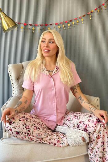 Pijamaevi Light Pink Florado Exclusive Front Buttoned Short Sleeve Women's Pajamas Set