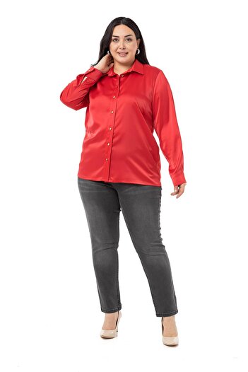 DISENTIS MODEST Large Size Satin Textured Red Shirt with Cuffs