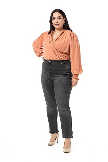 DISENTIS MODEST Plus Size Double-breasted Sleeve Salmon Blouse with Rubber Gipe Detail and Snap Fasteners