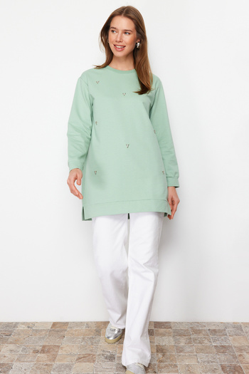 Trendyol Modest Detailní pletená tunika Mint Crew Neck Stone TCTSS22TN0072