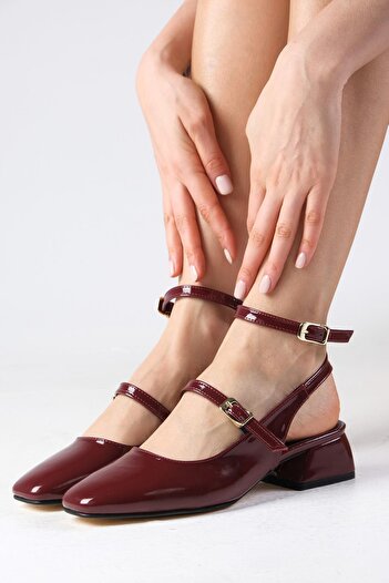 Mio Gusto Audrey Burgundy Color Patent Leather Open Back Short Heeled Women's Shoes
