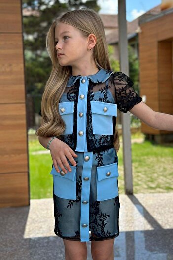 Riccotarz Girl's Transparent Lace Embroidered Lined Pocket Detailed Blue Skirt Set