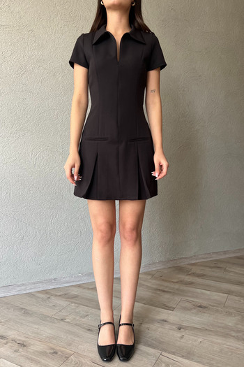 Seda Yalçın Atelier Siyah Önü Fermuarlı Cep Detaylı Gömlek Yaka Elbise