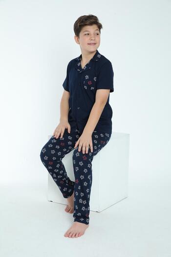 Sevim Boy's Short Sleeve Front Buttoned Navy Blue Pajamas Suit C4T7N68