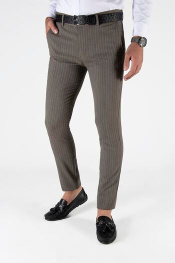 ADEGO Brown Men's Slim Fit Striped Linen Trousers - Italian Cut