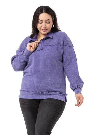 DISENTIS MODEST Plus Size Filthy Stitched Zippered Slit Piece Painted Purple Sweatshirt