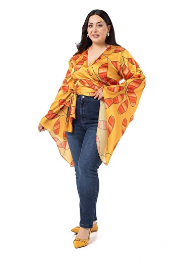 DISENTIS MODEST Large Size Satin Mustard Bolero with Tie Waist and Sleeve Detail