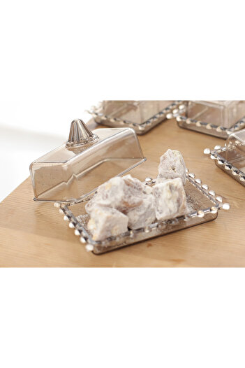 ARVALE 6 Pieces Beaded Rectangular Presentation Plastic Mini Turkish Delight Bowl Sugar Bowl Smoked