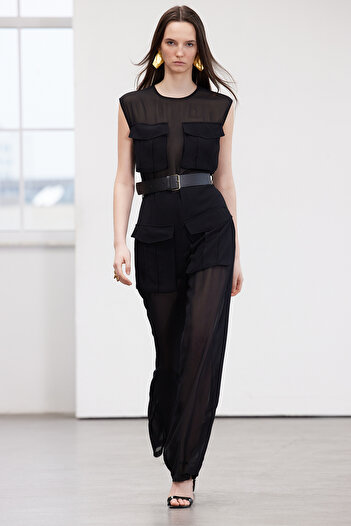 Trendyol Collection Limited Edition Black Chiffon Jumpsuit - Belt Detail, Woven TPRSS24TU00009