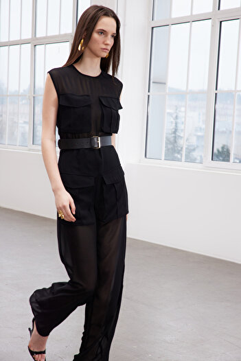 Trendyol Collection Limited Edition Black Chiffon Jumpsuit - Belt Detail, Woven TPRSS24TU00009