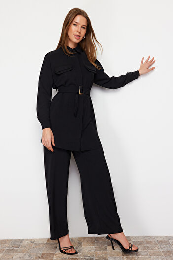 Trendyol Modest Černá tkaná horní a spodní sada TCTSS24US00061
