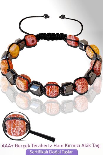 Tesbih Atölyesi Raw Red Agate Stone Certified Cube Model Bracelet - Adjustable