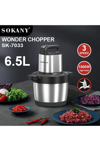 SOKANY 1500W Chopper 6.5 L Stainless Steel Bowl, 3 Speed Stages, Multi-Purpose Chopper, 4 Blades