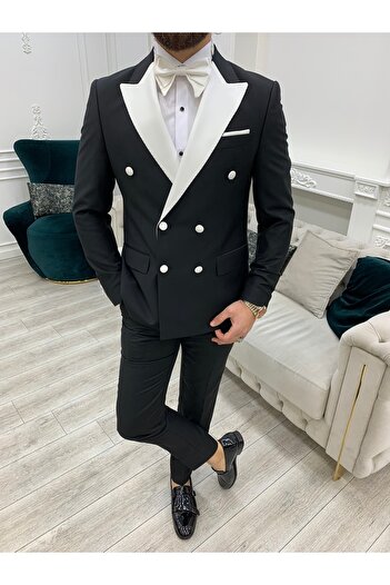 LONATOLİA Men's Double Breasted Tuxedo Groom Suit White Satin Collar Italian Style Slim Fit Jacket Trousers-white