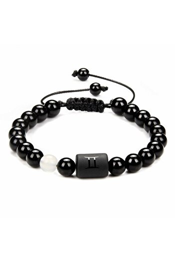 Tesbihane Macrame Braided Globe Cut Moonstone & Onyx Gemstone Gemini Sign Natural Stone Women's Bracelet