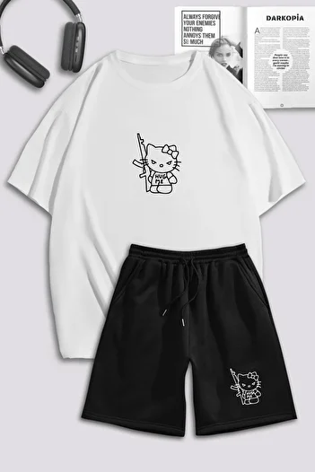 macklin Unisex Γυναικείες άντρες Hello Kitty Hug Me με στάμπα ειδικής σχεδίασης Σετ φόρμας μπλουζάκι και σορτς