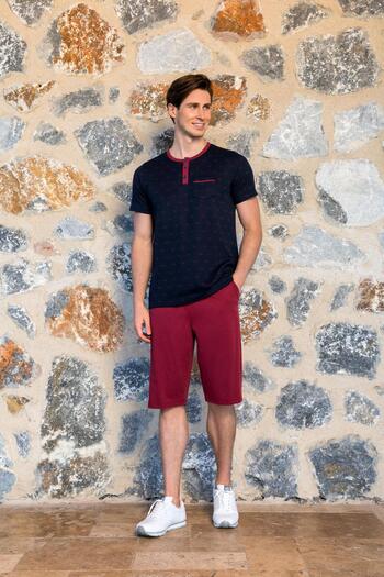 Doreanse Men's Short Sleeve Claret Red Black Shorts Pajamas Suit C4T1N54Y42