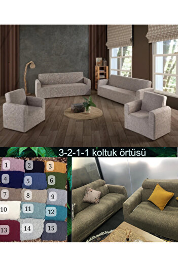 Gerbera Home Collection Jakarlı Ağaç Kabuğu Koltuk Örtüsü Takımı 3+2+1+1 Bej Renk