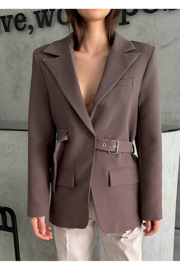 Laluvia Brown Design Belted Blazer Jacket