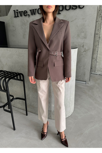 Laluvia Brown Design Belted Blazer Jacket