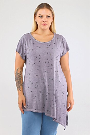 Seamoda Bee Printed Side Slit Detail Comfortable Large Size T-Shirt - Light Purple