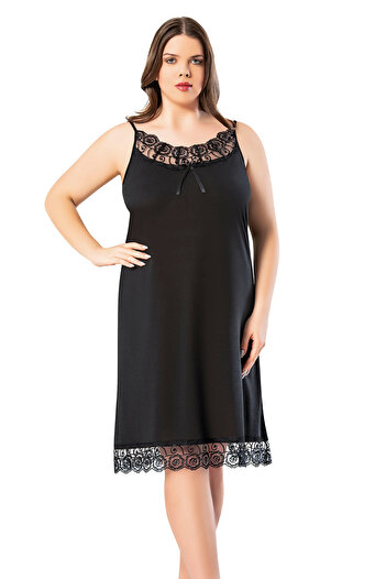 VicTroy Plus Size (3xl-4xl) Lace Detailed Black Rope Strap Women's Long Nightgown 62v11