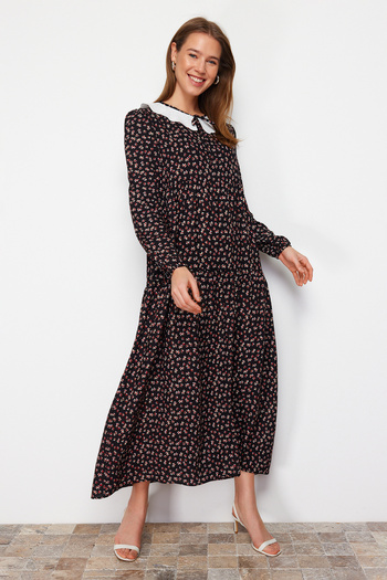 Trendyol Modest Λεπτομερές φόρεμα βισκόζης TCTSS21EL3655 με μαύρο μοτίβο γιακά με κορδόνια