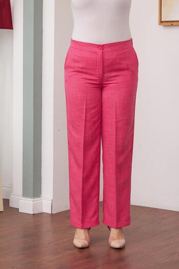 RMG Wide Leg Plus Size Fuchsia Fabric Trousers with Elastic Waist