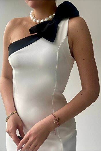 bayansepeti White Atlas Fabric One-Shoulder Bow and Slit Design Midi Dress 235