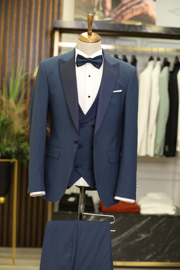 LONATOLİA Men's Tuxedo Groom Suit Swallow Collar Italian Cut Slim Fit Jacket Vest Pants Bow Tie-Indigo