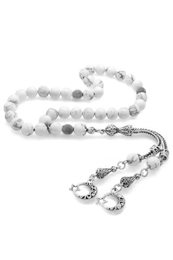 Tesbihane Non-Tarnish Metal Tasseled Globe Cut Howlite Natural Stone Rosary101002001