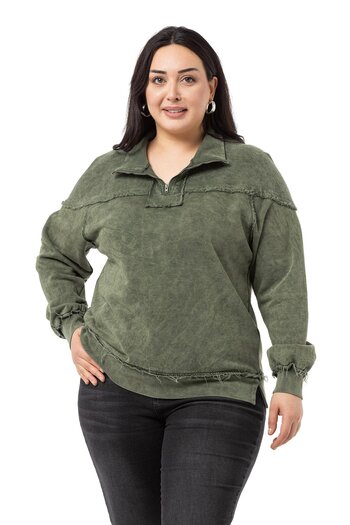 DISENTIS MODEST Plus Size Filthy Stitched Zippered Slit Piece Painted Khaki Sweatshirt