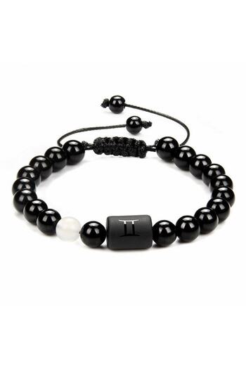 Tesbihane Macrame Braided Globe Cut Moonstone & Onyx Gemstone Gemini Sign Natural Stone Women's Bracelet