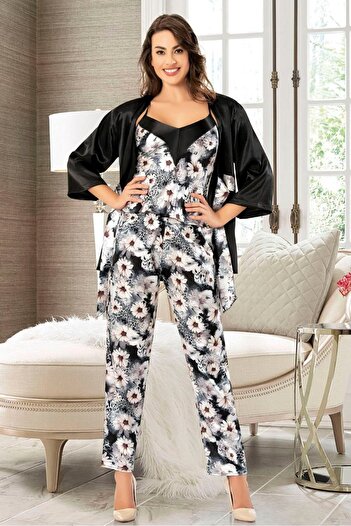 FAAL Satin Lace Detailed Dressing Gown 3-Piece Pajamas Set Flower Patterned 4910 Black