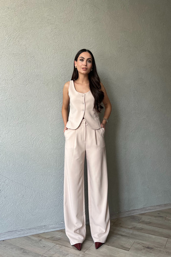 Seda Yalçın Atelier Bej V  Yaka Tasarım Klasik Yelek